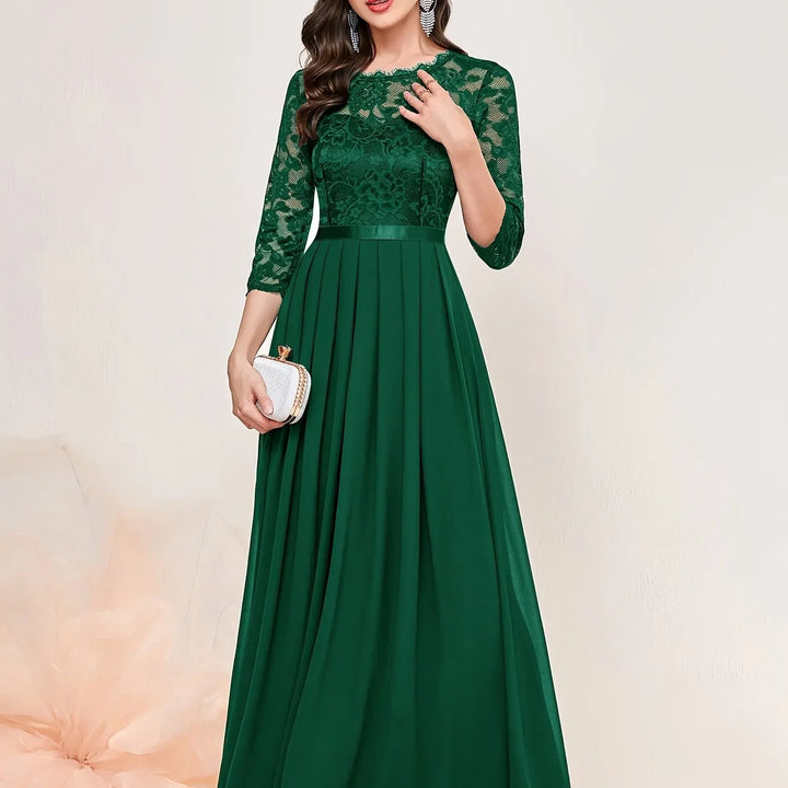 Gail™ | Lace Pleated Quarter Sleeve Formal Evening Dress