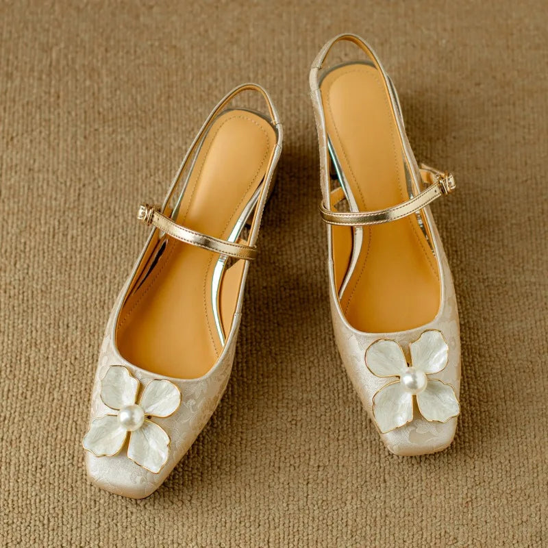 Florine | Women's Floral Slingback Pumps Square Toe Block Heel Shoes