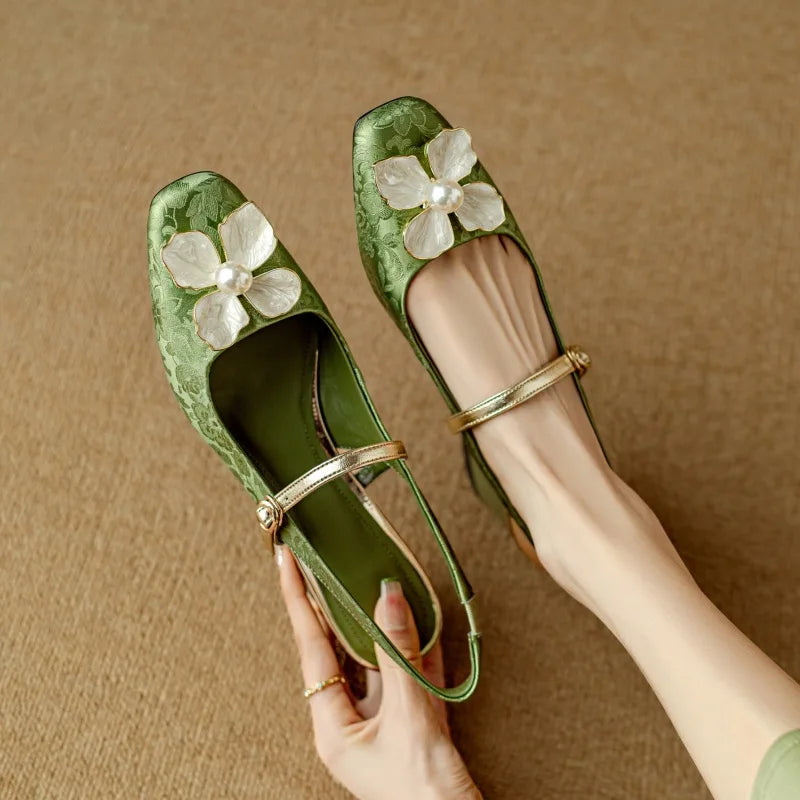 Florine | Women's Floral Slingback Pumps Square Toe Block Heel Shoes