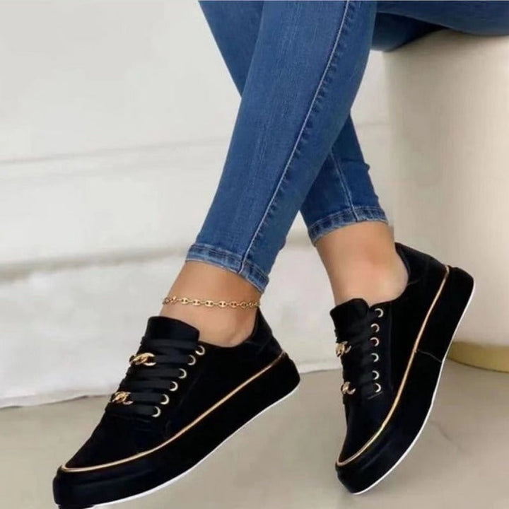 Maxine | Women's Black Platform Sneakers with Gold Chain Detail