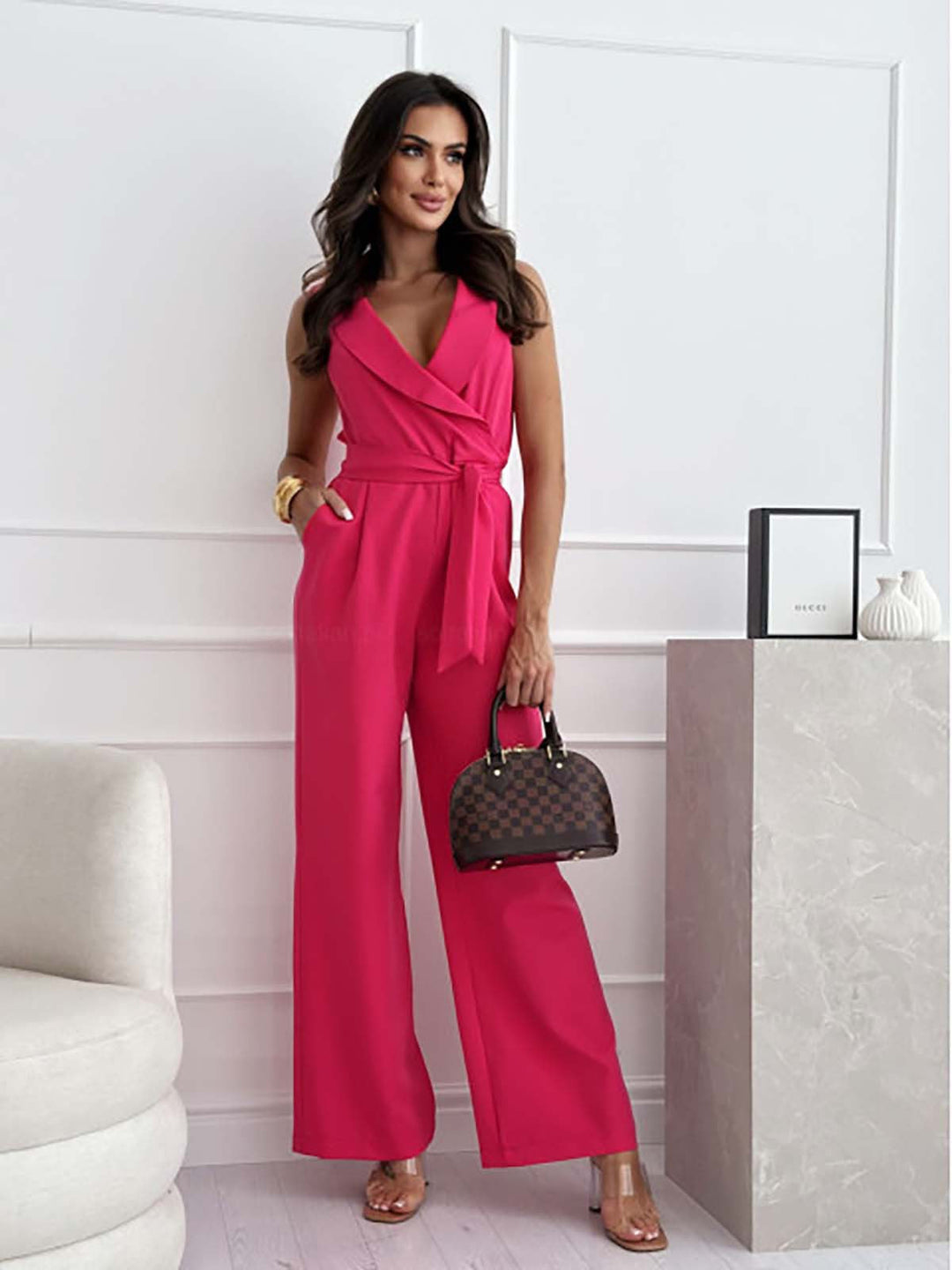 Eloise | Women's Sleeveless Wide Leg Jumpsuit Wrap V-Neck Belted