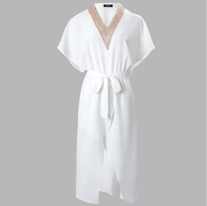 Lyra | Women's White Midi Dress V-Neck Gold Trim Short Sleeve