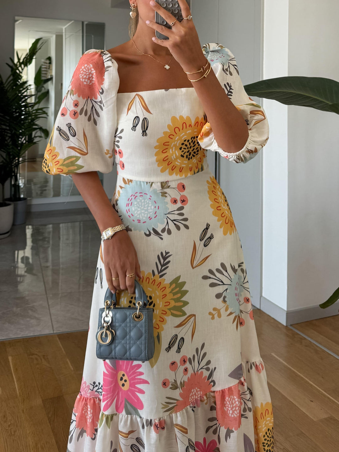 Avery™ | Square Neck Floral Print Puff Sleeve Midi Dress