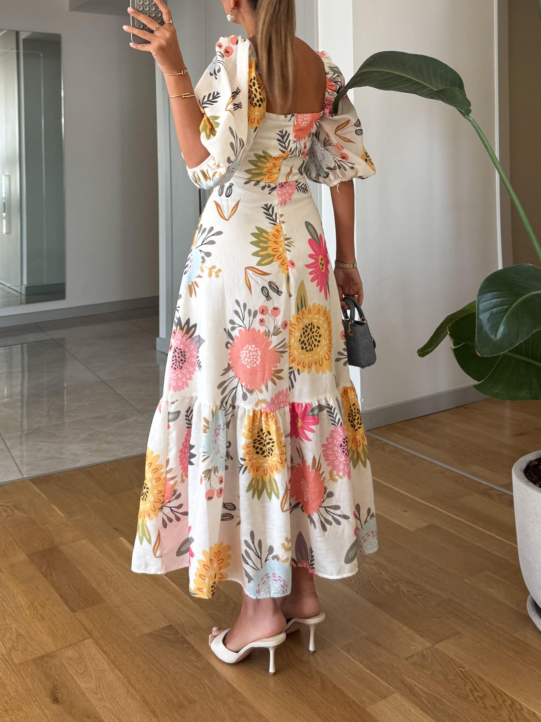 Avery™ | Square Neck Floral Print Puff Sleeve Midi Dress