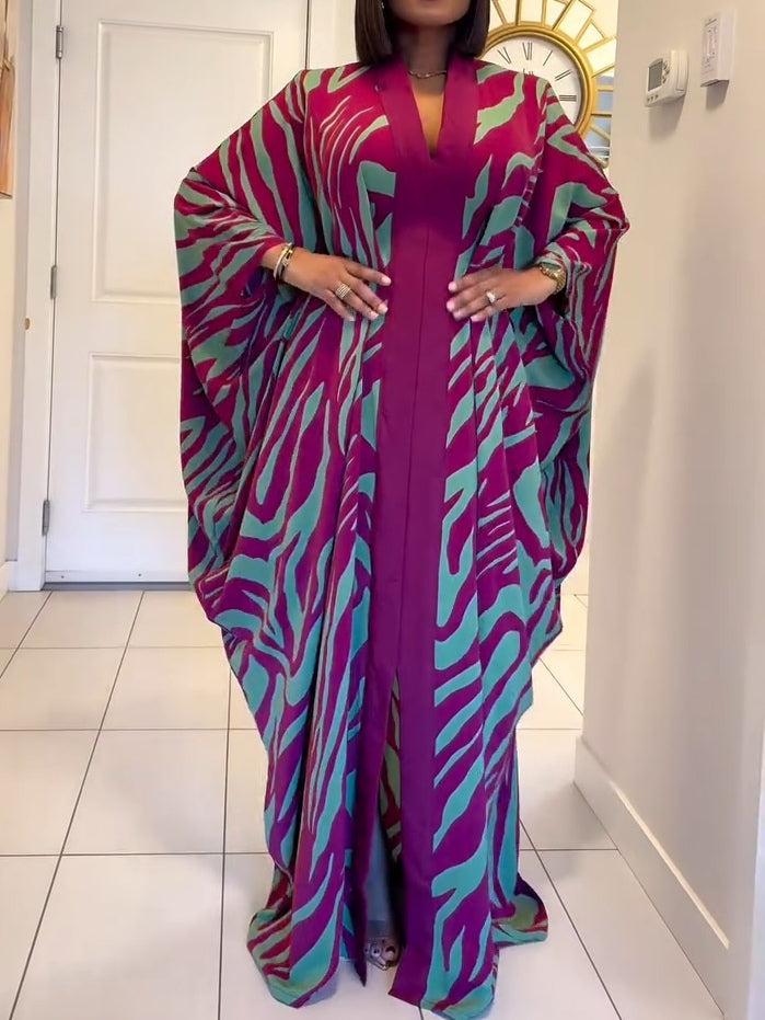 Ruby™ | Zebra Print V-Neck Batwing Sleeve Robe Maxi Dress