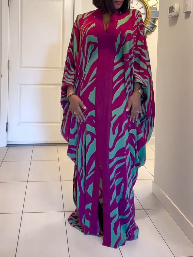 Ruby™ | Zebra Print V-Neck Batwing Sleeve Robe Maxi Dress