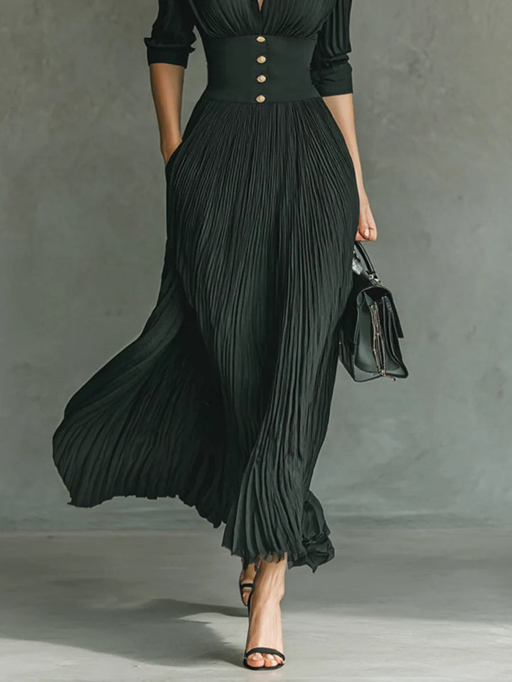 Lindsay™ | Elegant Pleated Lapel Waist Maxi Dress