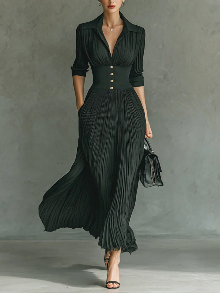 Lindsay™ | Elegant Pleated Lapel Waist Maxi Dress