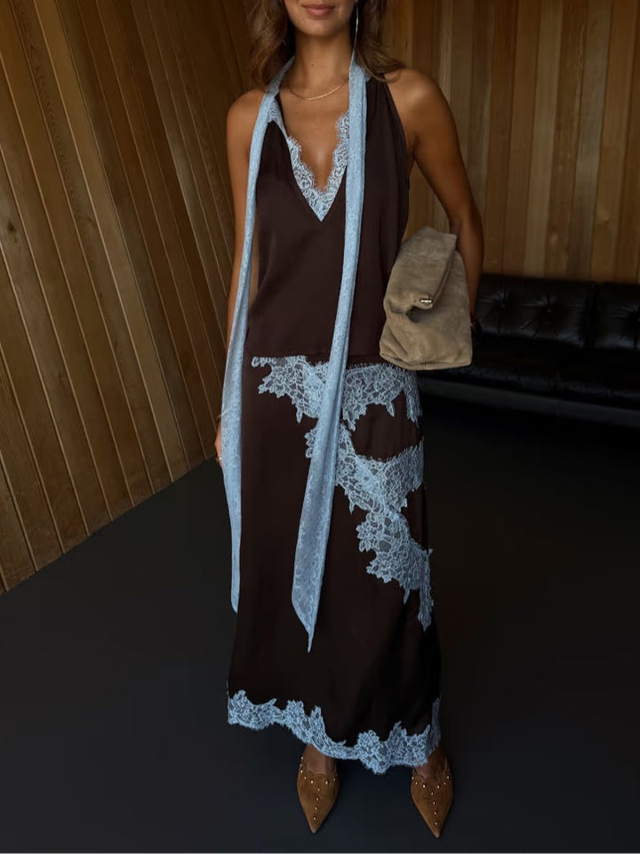 Jade™ | Elegant Brown and Blue Lace Panel Top + Skirt Set