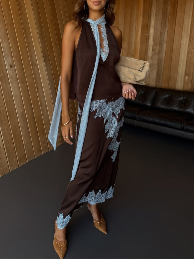 Jade™ | Elegant Brown and Blue Lace Panel Top + Skirt Set