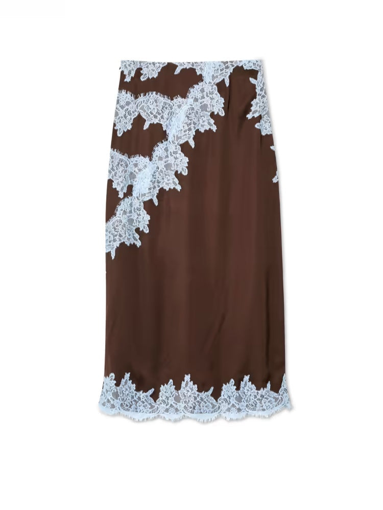 Jade™ | Elegant Brown and Blue Lace Panel Top + Skirt Set