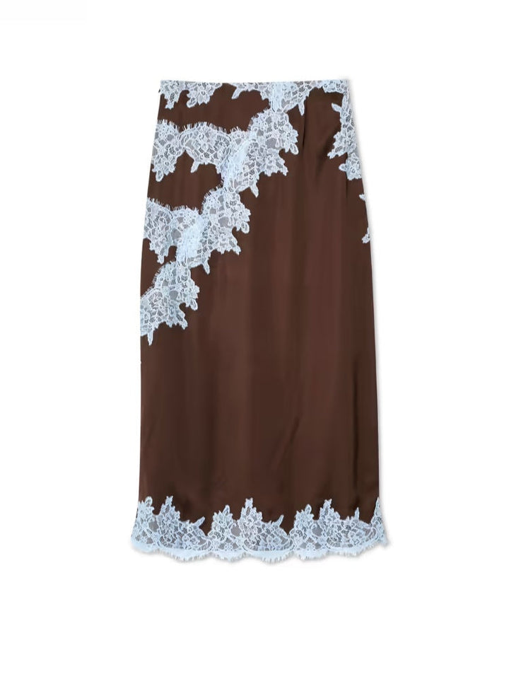 Jade™ | Elegant Brown and Blue Lace Panel Top + Skirt Set
