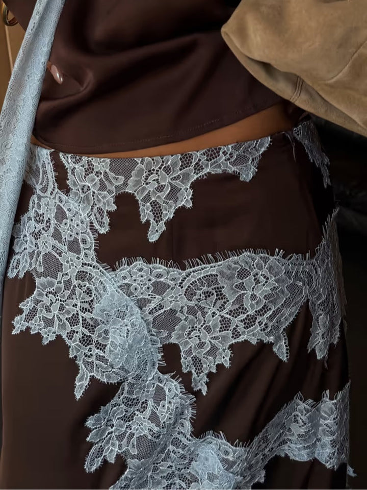Jade™ | Elegant Brown and Blue Lace Panel Top + Skirt Set
