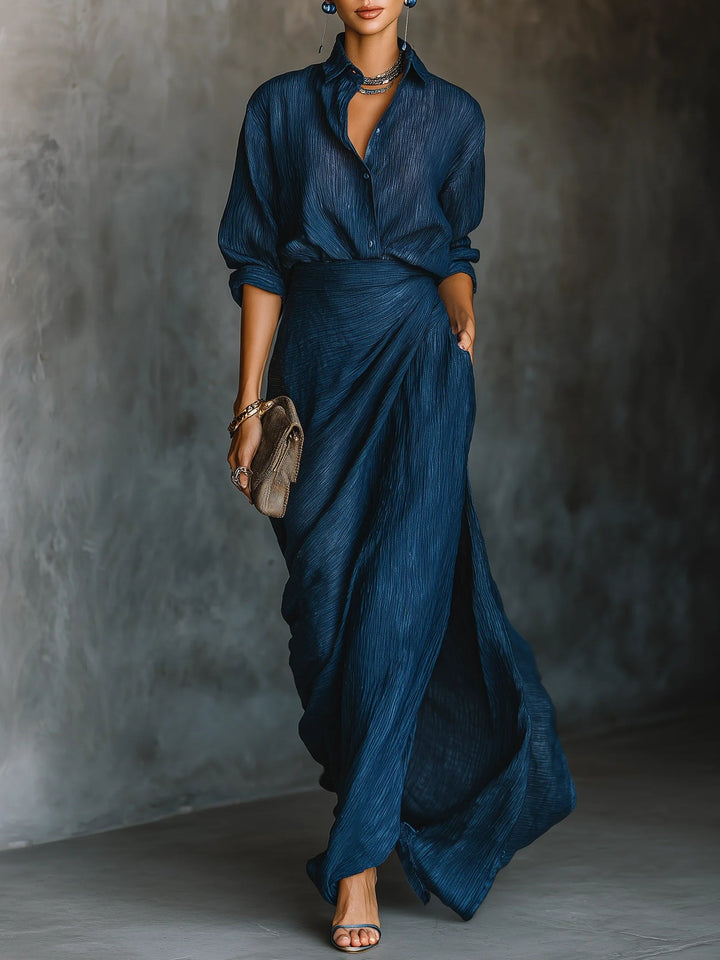 Hailey™ | Elegant Dark Blue Shirt & Long Skirt Set
