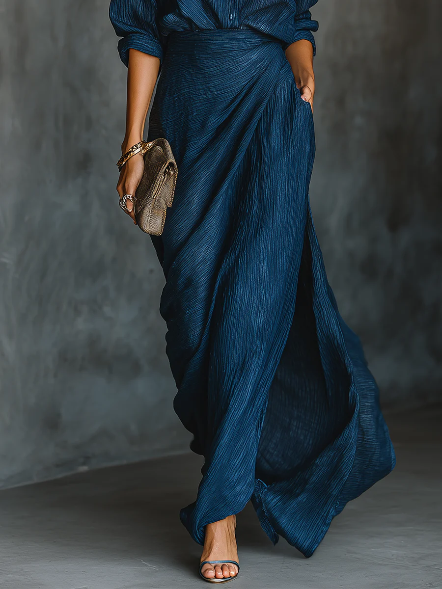 Hailey™ | Elegant Dark Blue Shirt & Long Skirt Set