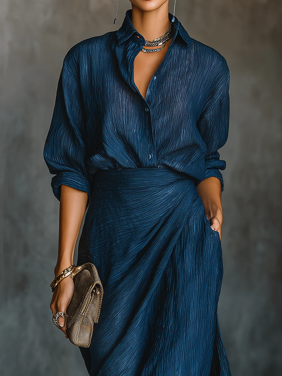 Hailey™ | Elegant Dark Blue Shirt & Long Skirt Set