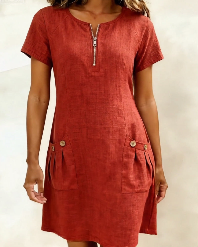 Remi | Women's Shift Dress Short Sleeve Zip Neck with Pockets