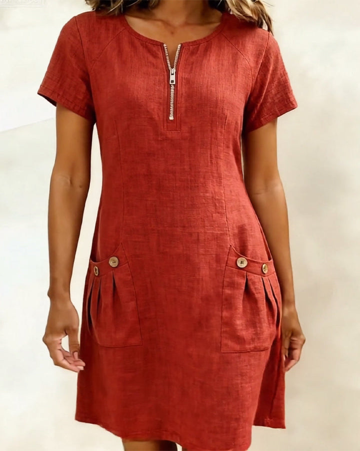 Remi | Women's Shift Dress Short Sleeve Zip Neck with Pockets