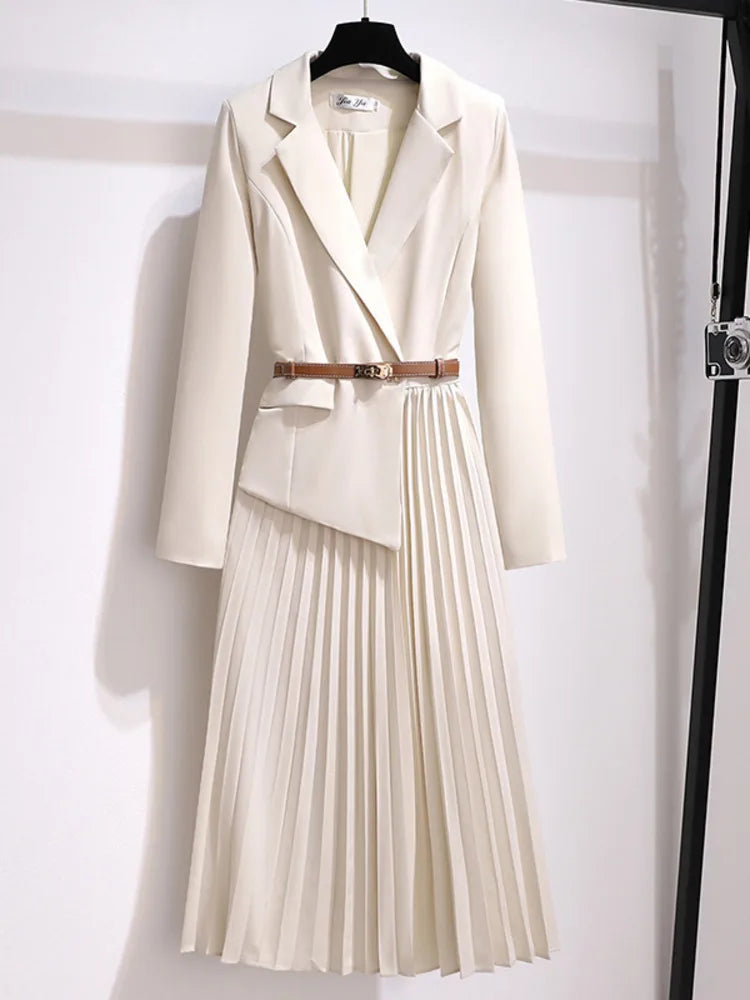 Adrienne | Women's Belted Pleated Midi Dress - Beige - Image 2