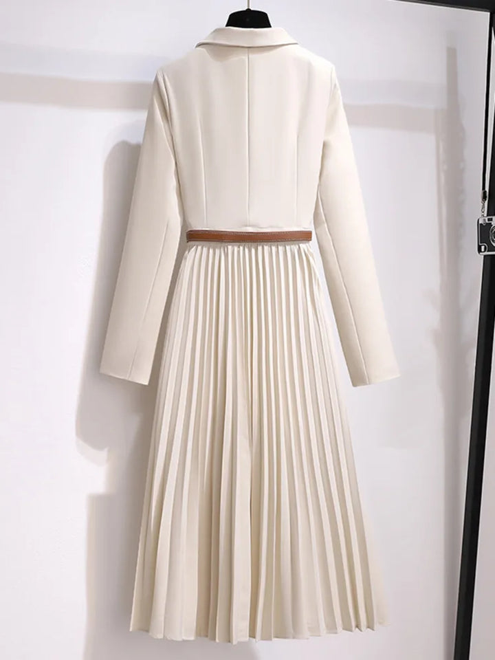 Adrienne | Women's Belted Pleated Midi Dress - Beige - Image 3