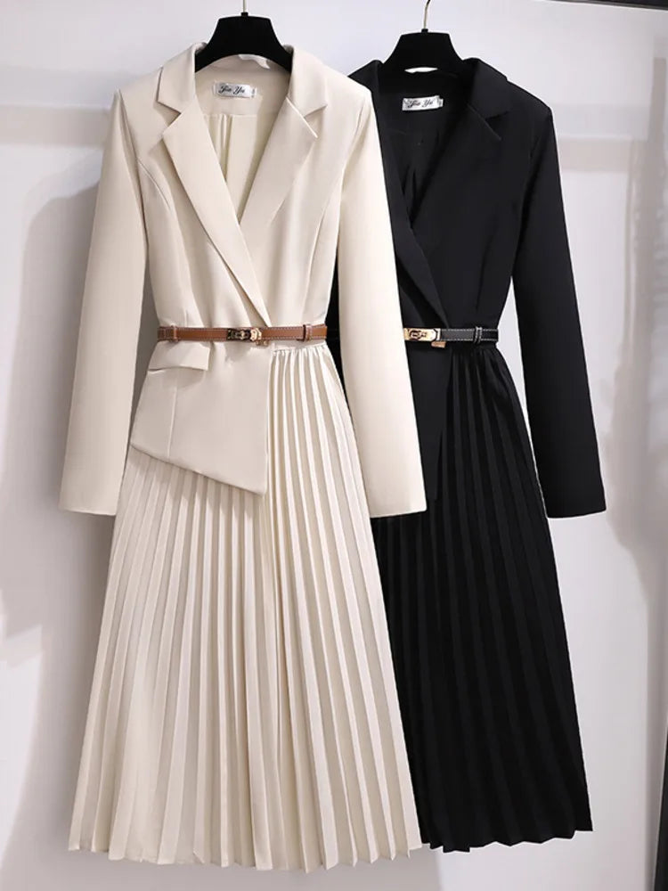 Adrienne | Women's Belted Pleated Midi Dress - Beige - Image 5