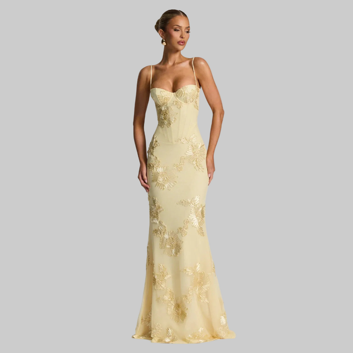 Aelara | Women's Floral Embellished Maxi Wedding Guest Dress - Cream - Image 2