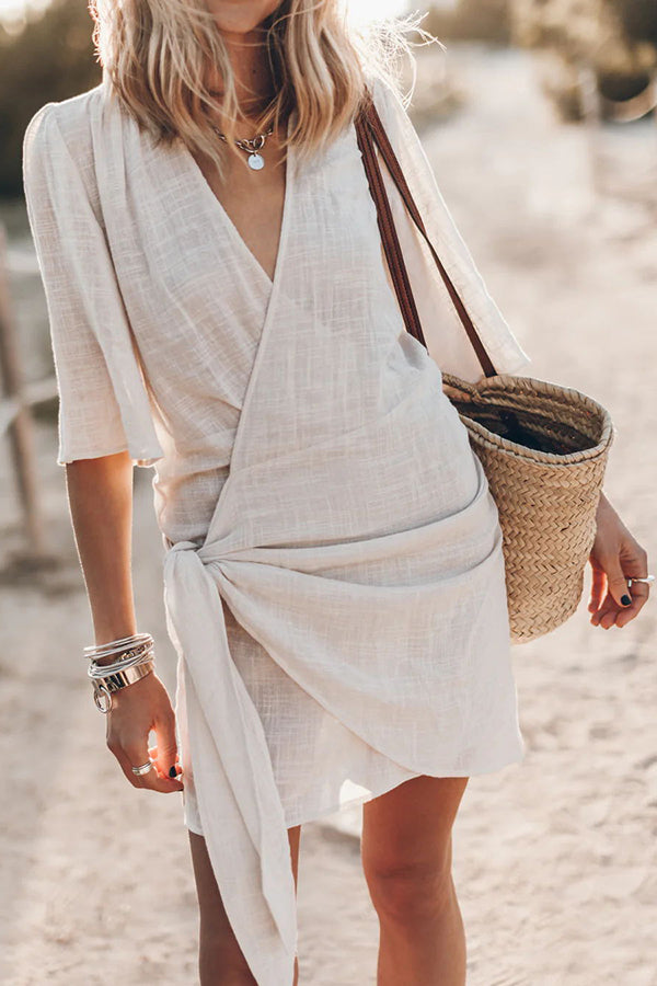 Aelys | Women's V-Neck Wrap Mini Dress Short Sleeve - Cream - Image 1