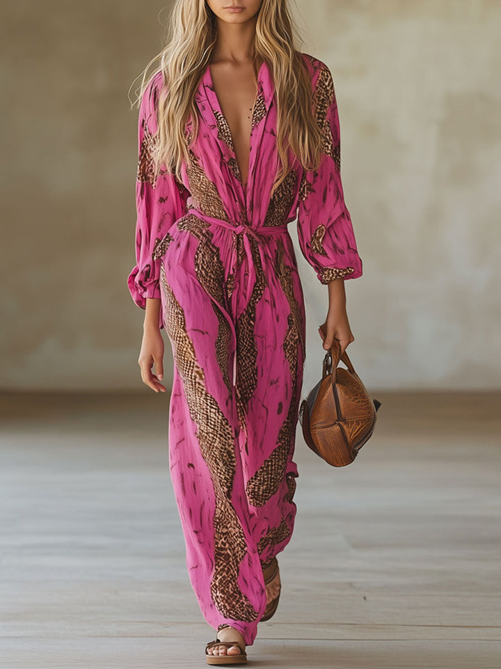 Allegra | Women's Leopard Print Long Sleeve Jumpsuit - Pink - Image 1