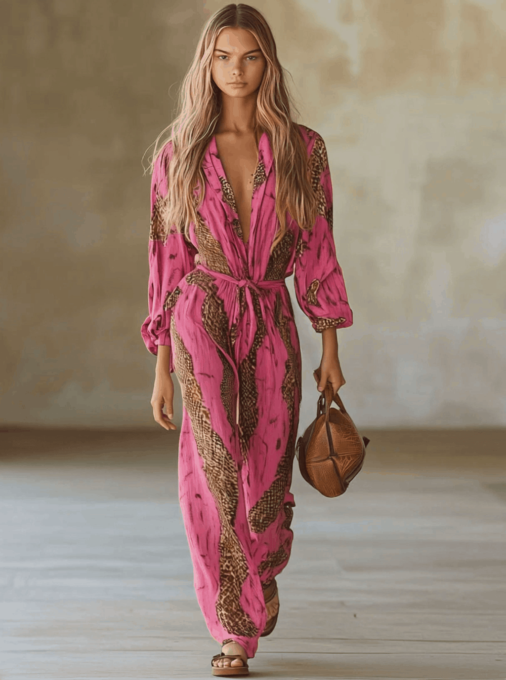 Allegra | Women's Leopard Print Long Sleeve Jumpsuit - Pink - Image 2
