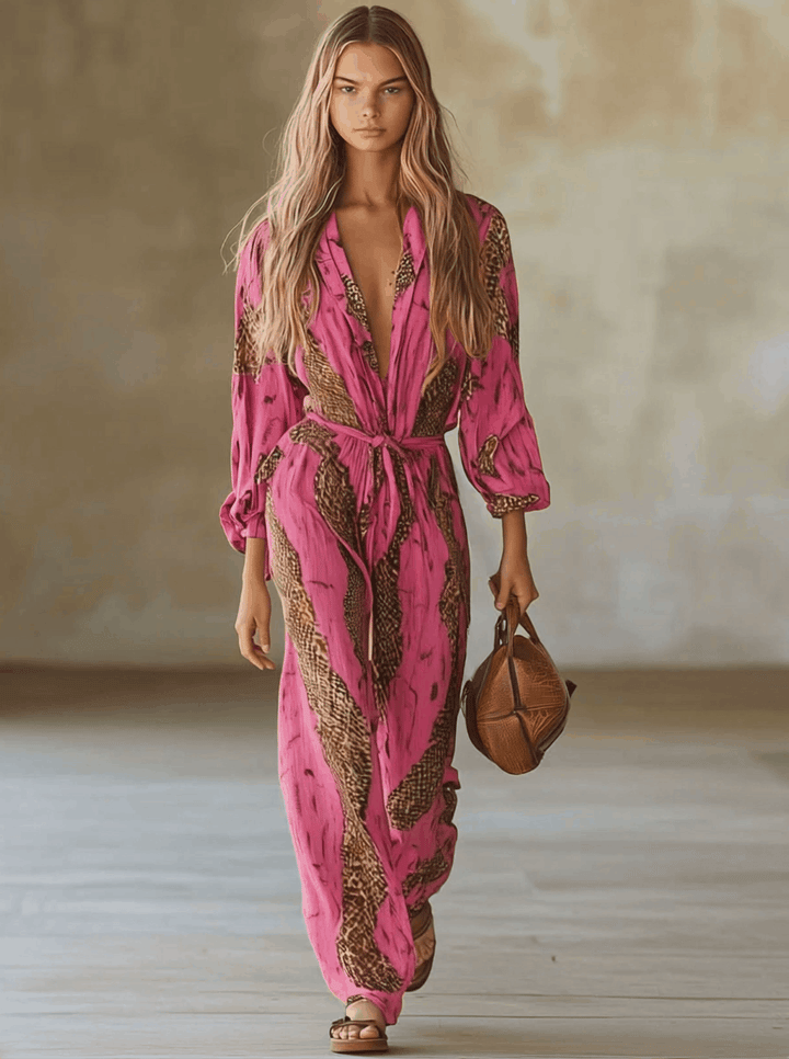 Allegra | Women's Leopard Print Long Sleeve Jumpsuit - Pink - Image 2