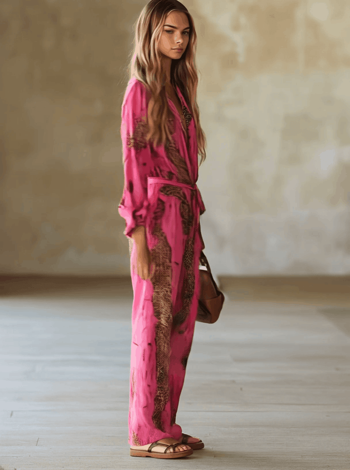 Allegra | Women's Leopard Print Long Sleeve Jumpsuit - Pink - Image 3