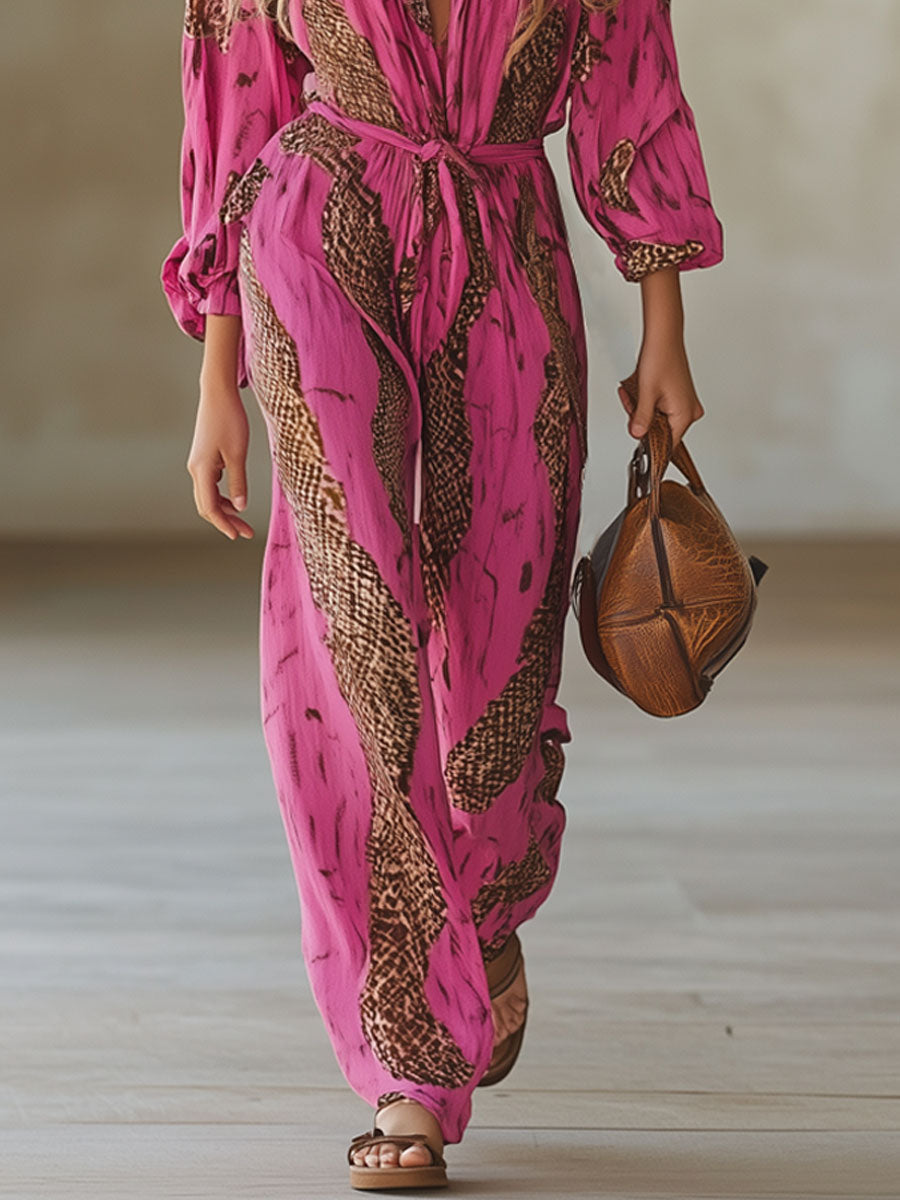 Allegra | Women's Leopard Print Long Sleeve Jumpsuit - Pink - Image 6