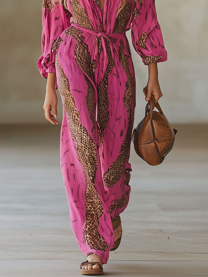 Allegra | Women's Leopard Print Long Sleeve Jumpsuit - Pink - Image 6