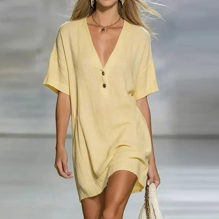 Amelia | Women's V Neck Short Sleeve Shirt Dress - Champagne - Image 1