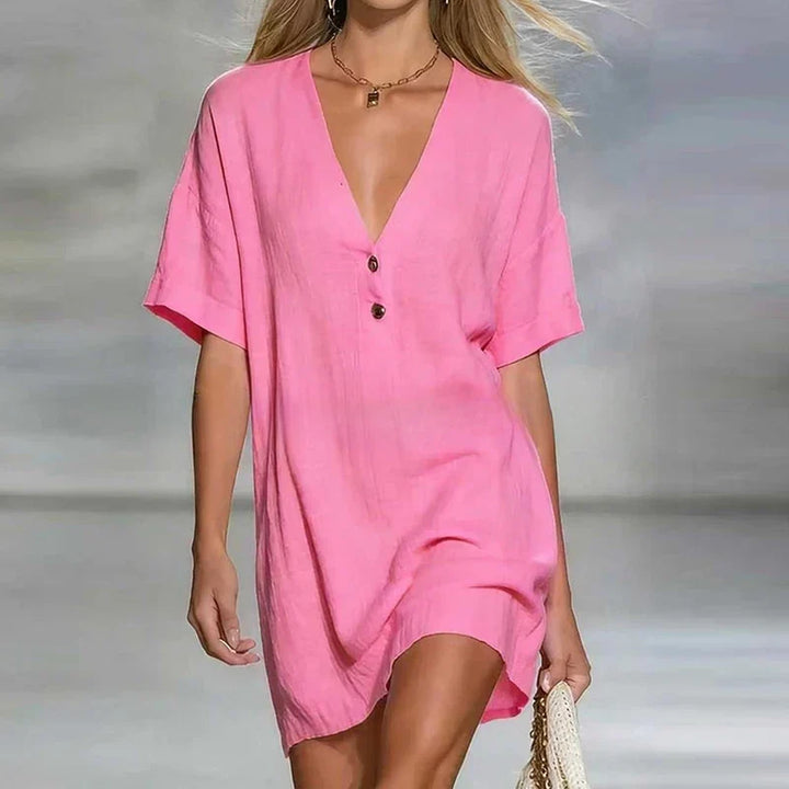 Amelia | Women's V Neck Short Sleeve Shirt Dress - Champagne - Image 2