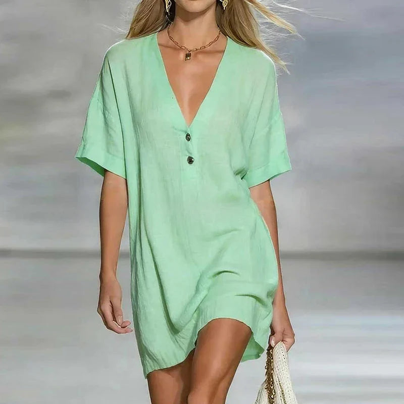 Amelia | Women's V Neck Short Sleeve Shirt Dress - Champagne - Image 3