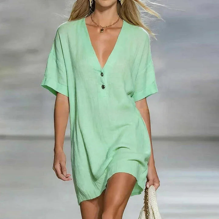Amelia | Women's V Neck Short Sleeve Shirt Dress - Champagne - Image 3