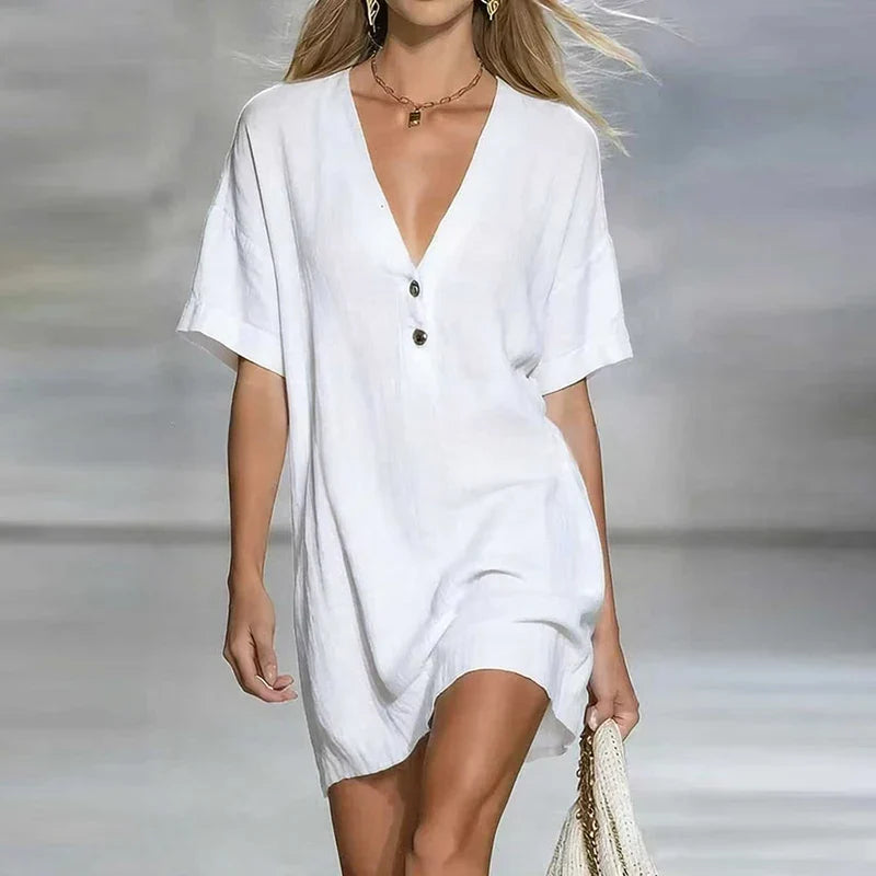 Amelia | Women's V Neck Short Sleeve Shirt Dress - Champagne - Image 4