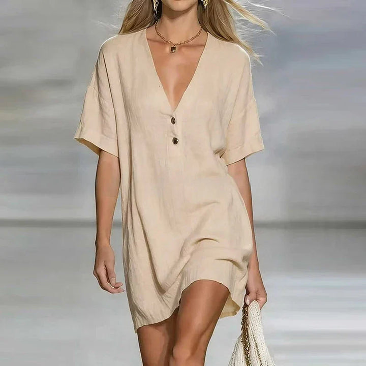 Amelia | Women's V Neck Short Sleeve Shirt Dress - Champagne - Image 6
