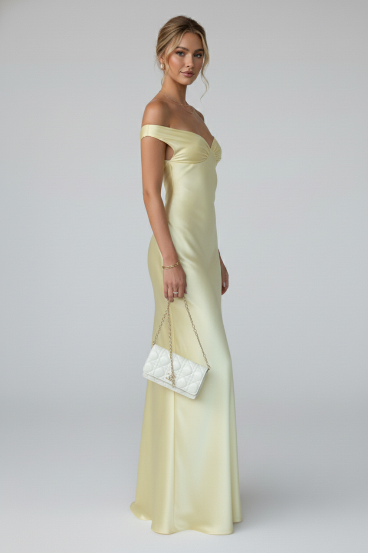 Anastacia | Women's Off Shoulder Fitted Maxi Dress - Champagne - Image 3