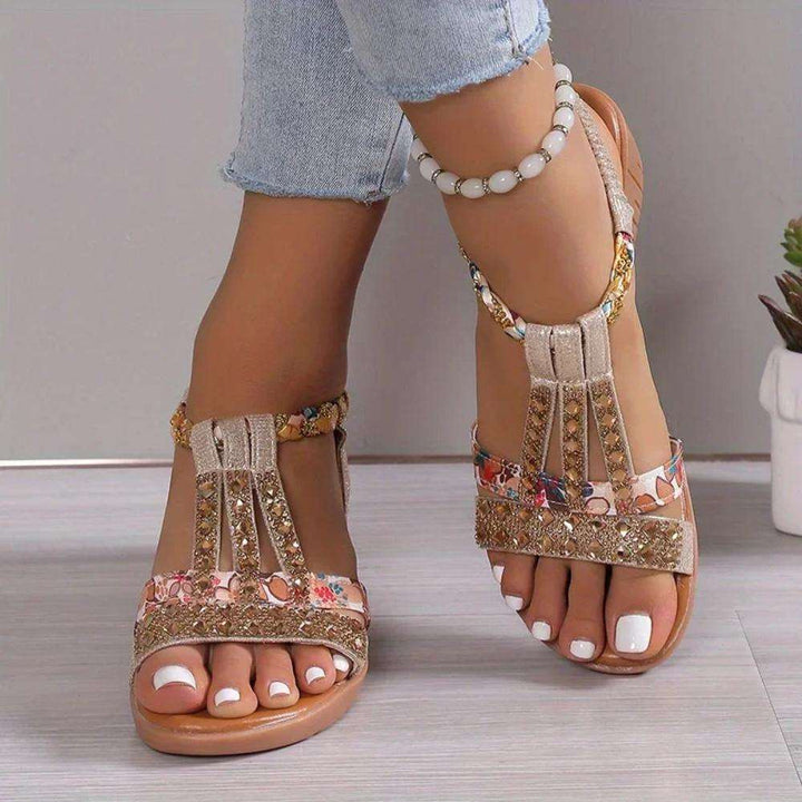 Anastasia | Women's Embellished Ankle Strap Sandals - Beige - Image 1