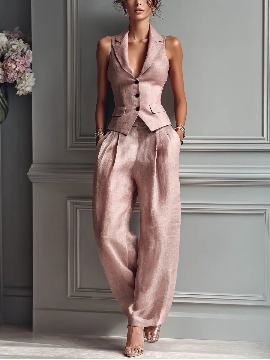 Anneliese | Women's Sleeveless Vest Wide Leg Pants Set - Light Pink - Image 1