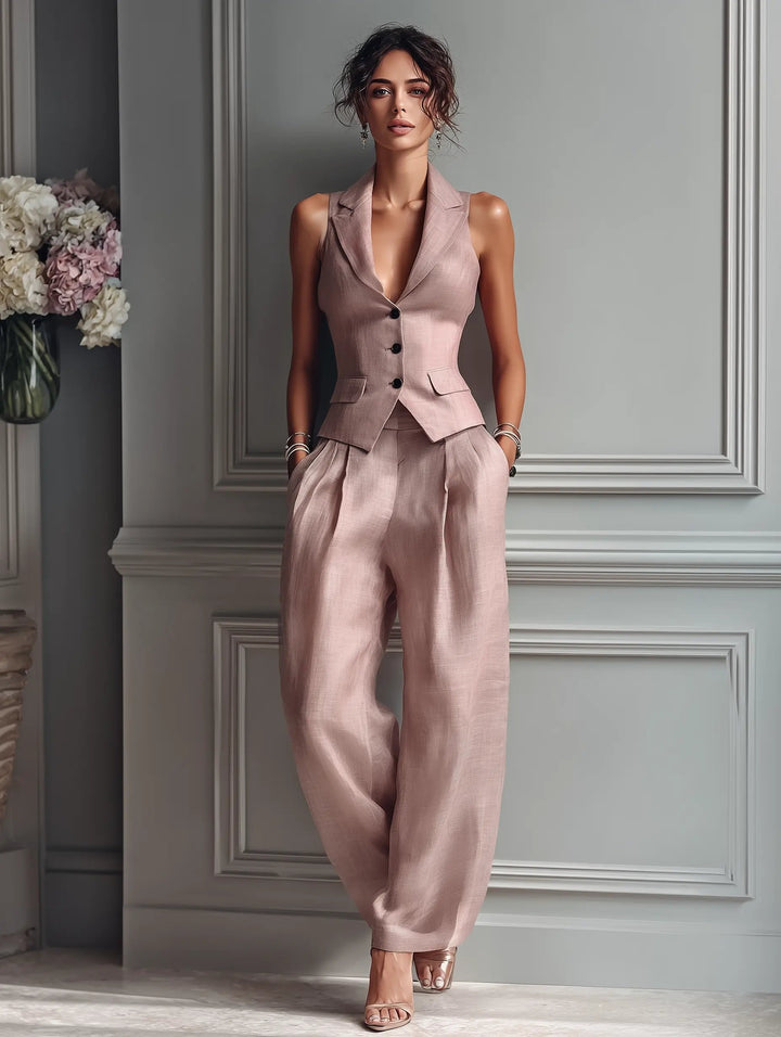 Anneliese | Women's Sleeveless Vest Wide Leg Pants Set - Light Pink - Image 3