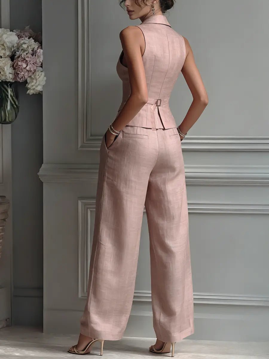 Anneliese | Women's Sleeveless Vest Wide Leg Pants Set - Light Pink - Image 6
