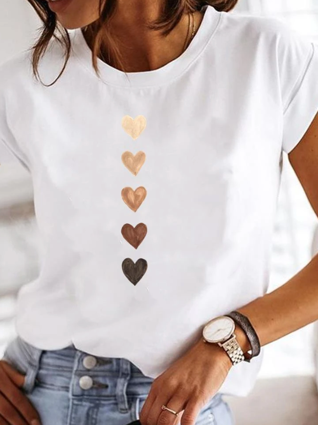 Anora | Women's Heart Print Crew Neck Short Sleeve Tee - White - Image 1