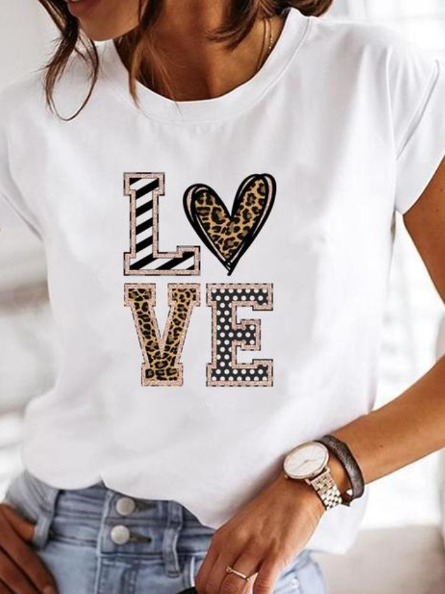 Anora | Women's Heart Print Crew Neck Short Sleeve Tee - White - Image 3