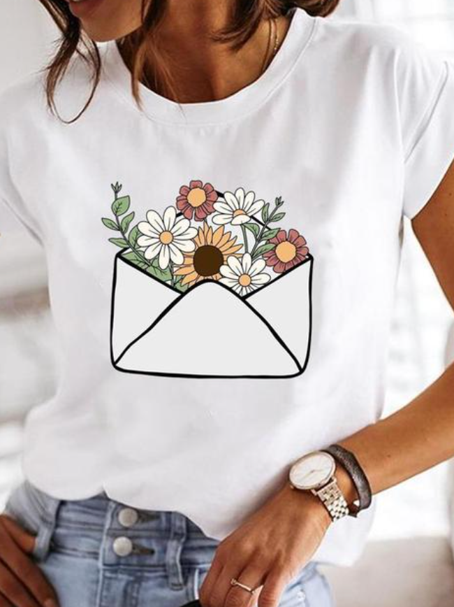 Anora | Women's Heart Print Crew Neck Short Sleeve Tee - White - Image 4