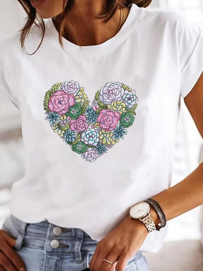 Anora | Women's Heart Print Crew Neck Short Sleeve Tee - White - Image 5