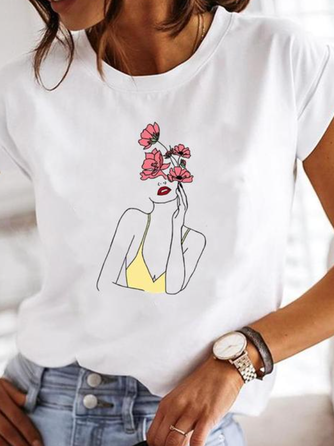 Anora | Women's Heart Print Crew Neck Short Sleeve Tee - White - Image 7