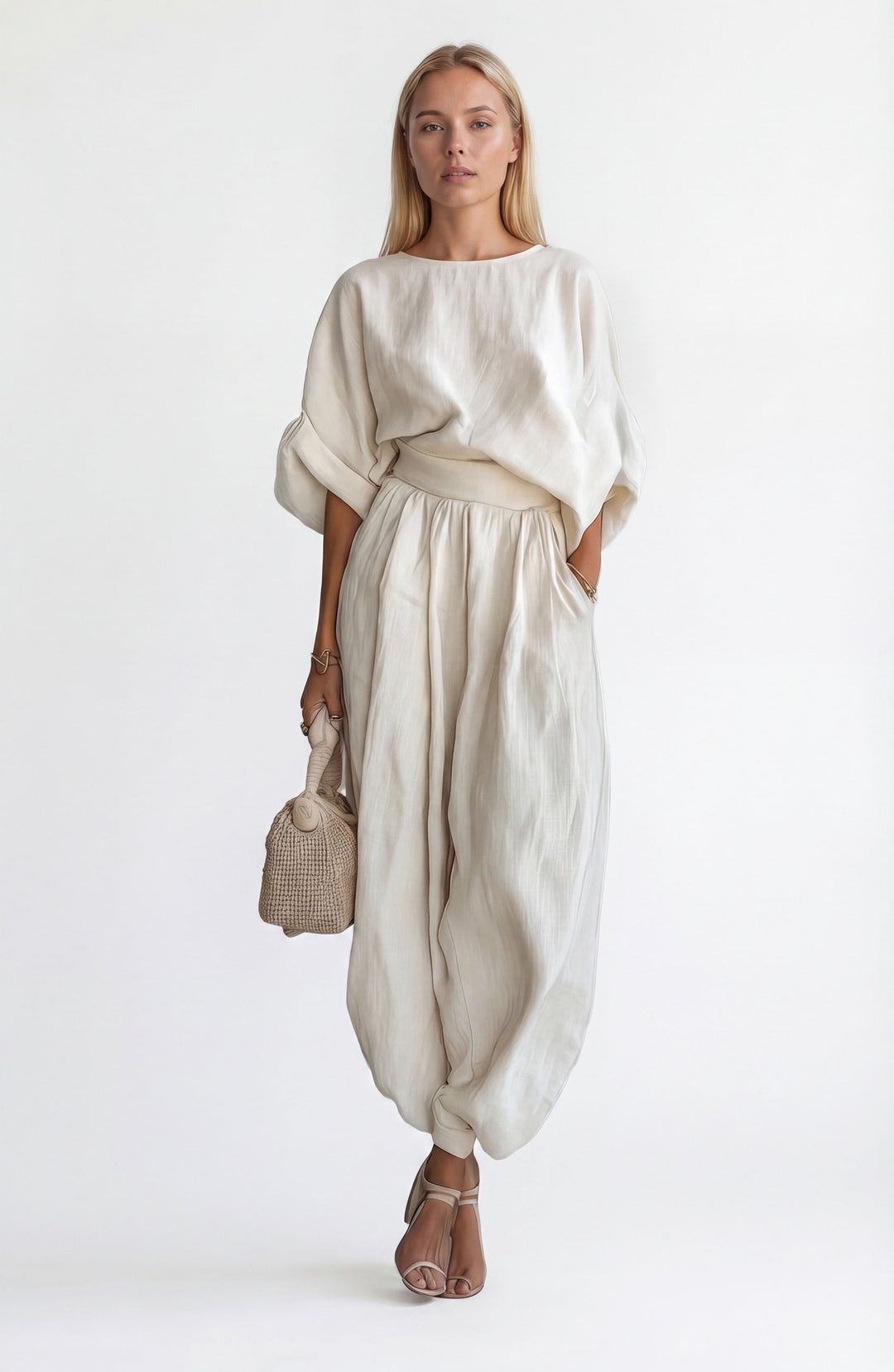 Anwen | Women's Two Piece Set Wide Leg Pants & Blouse - Cream - Image 1